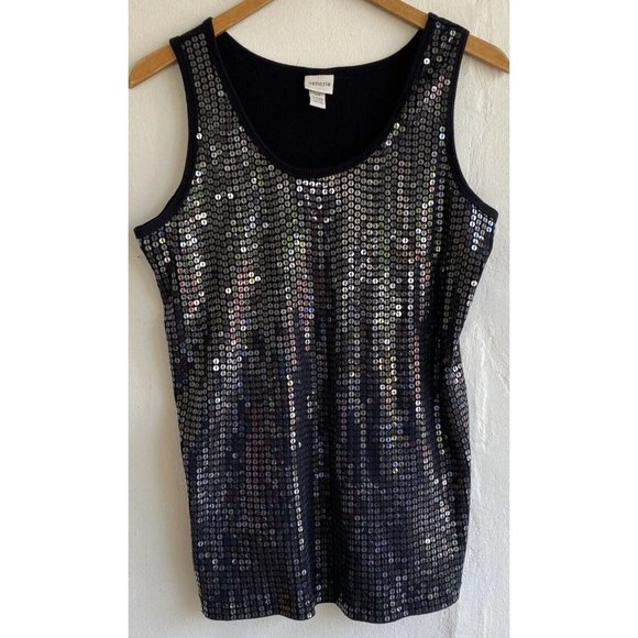 Venezia Tops - Venezia Tank Top Size 14/16 Black Sequin Front 100% Cotton Sleeveless EUC